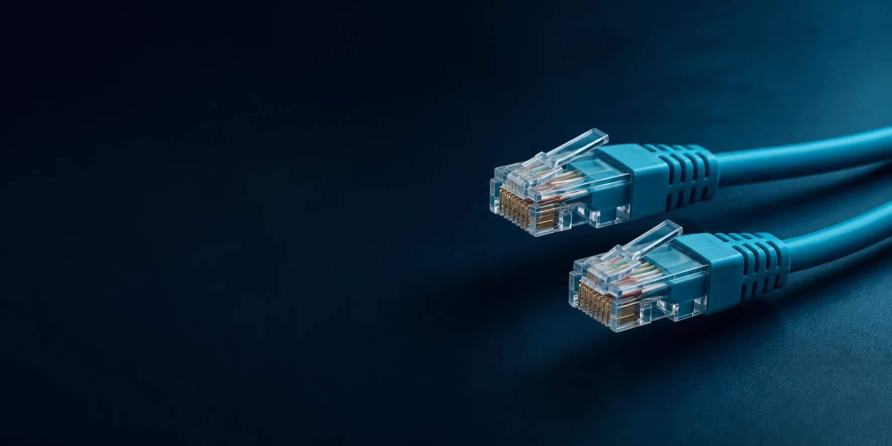 Detailed Ethernet connectors and sweeping teal network cables